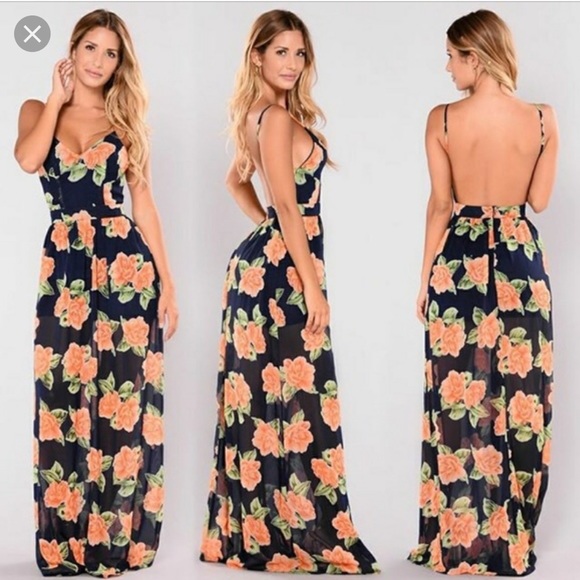 Fashion Nova Dresses & Skirts - Navy & orange, floral, backless maxi dress